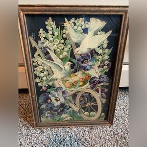 Vintage Raised Layered Framed Art -Doves-Pansies-Liliy of the Valley-Roses-